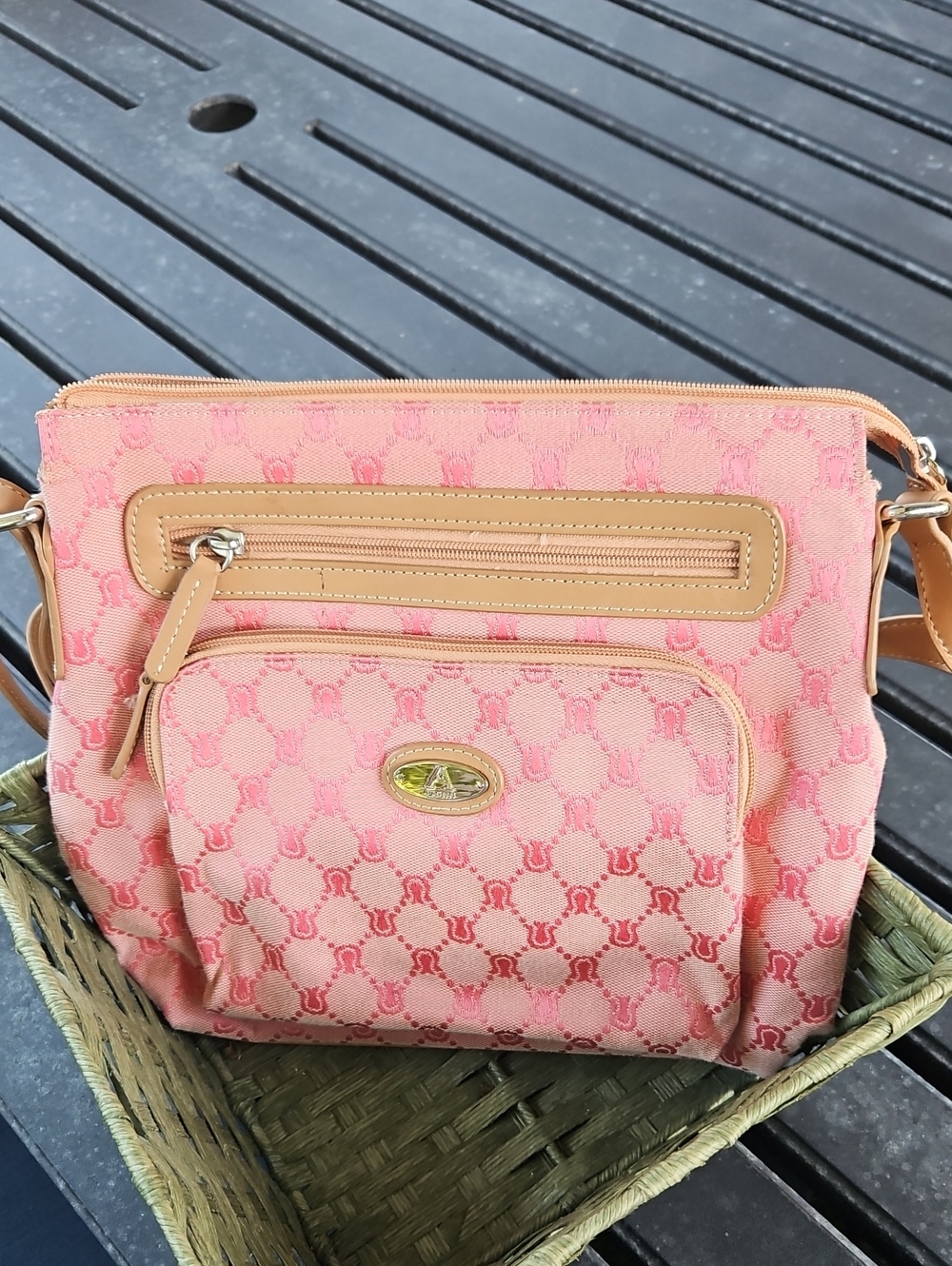 Pink Patterned Crossbody Bag with Tan Trim
